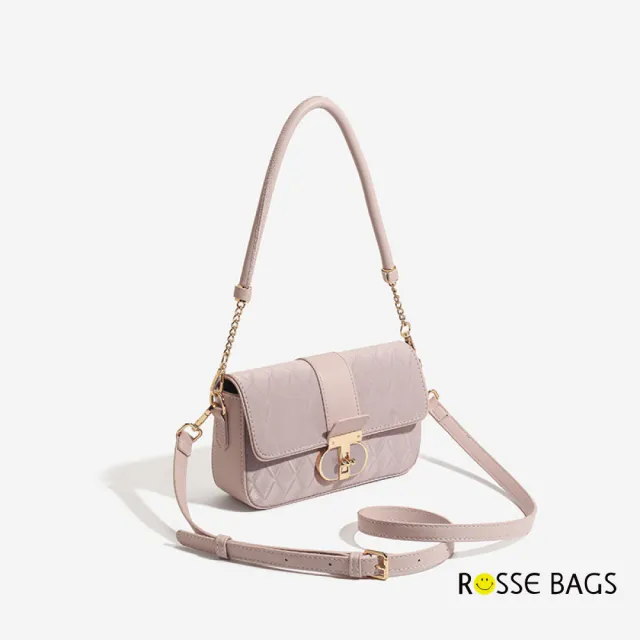【Rosse Bags】質感菱格經典法式單肩小方包 斜跨包(米白/煙灰/藕粉)