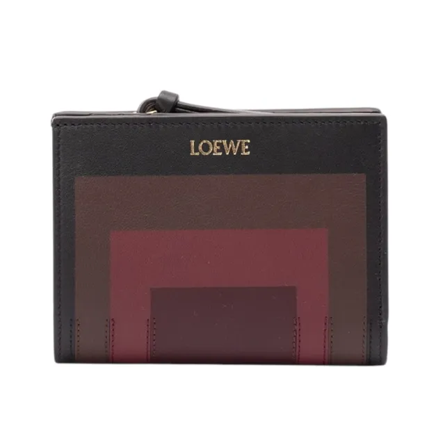 【LOEWE 羅威】x Albers 納帕小牛皮 嵌花方形 錢包 皮夾 卡夾 短夾 黑色 酒紅色