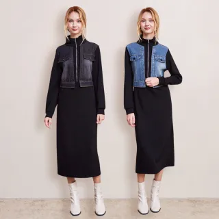 【MYVEGA 麥雪爾】MA太空棉拼接牛仔假兩件長洋裝-共二色(素色洋裝/連身洋裝/女洋裝/小香風)