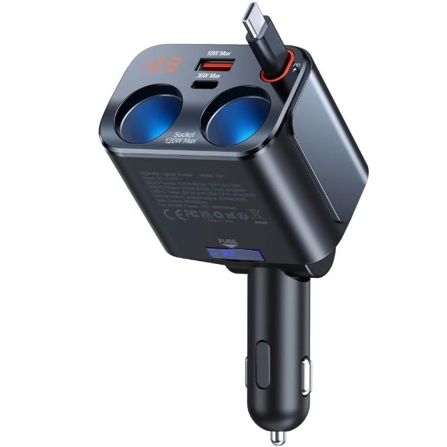 【YORI 優里】五合一汽車點煙器(伸縮車充 車用充電器 車充 USB車充 自帶線車充 車用充電座)