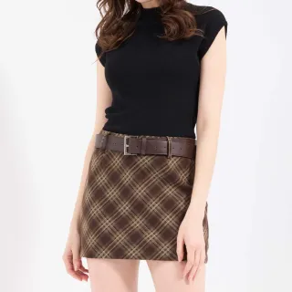 【HONOR 山形屋】經典斜格紋皮帶修身窄短裙-咖