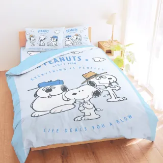 【享夢城堡】雙人床包薄被套四件組－史努比歐拉夫SnoopyOlaf 兄弟日誌-藍 / 正版MMIT卡通