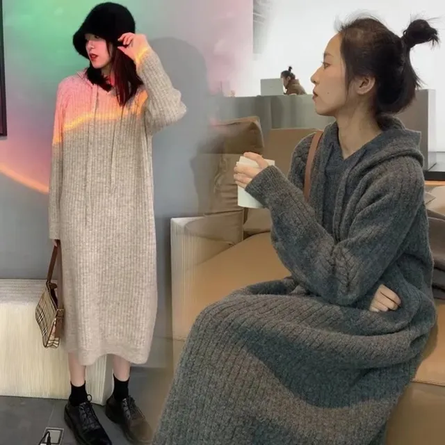 【D.studio】韓版寬鬆長版針織上衣(洋裝連身裙連衣裙上衣套裝長袖上衣 冬天女裝長裙裙子連帽上衣S162)