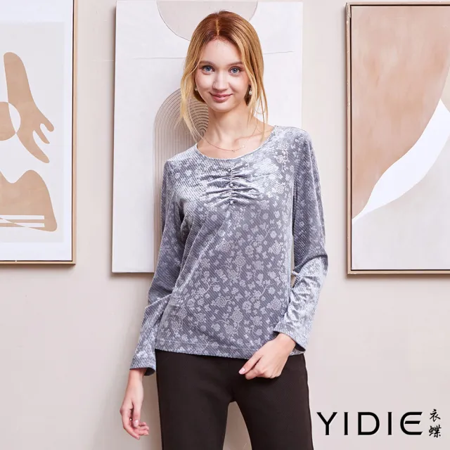 【YIDIE】光澤絨布珠釦花卉上衣-灰