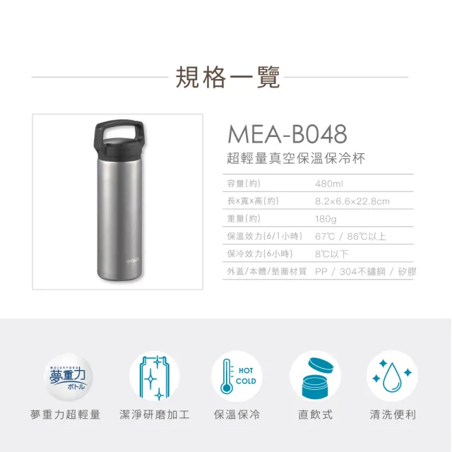 【TIGER 虎牌】買1送1 雙層不鏽鋼保溫瓶(輕量彈蓋MMJ-S048/MEA-B048手提保溫杯)