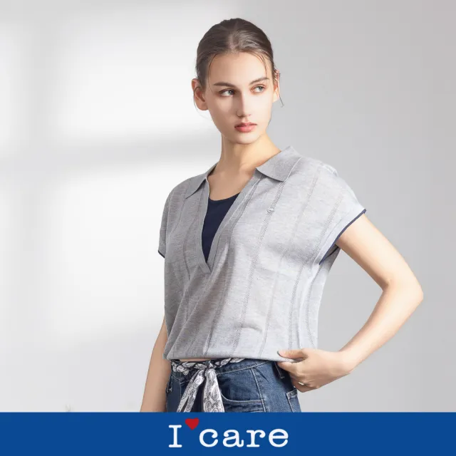 【I’Care 依卡】現貨-小V翻領 針織感假兩件上衣 - 2色（F）｜女休閒上衣 針織上衣 短袖上衣(707-12001)
