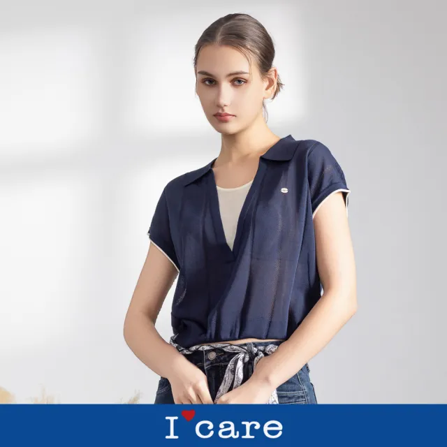 【I’Care 依卡】現貨-小V翻領 針織感假兩件上衣 - 2色（F）｜女休閒上衣 針織上衣 短袖上衣(707-12001)