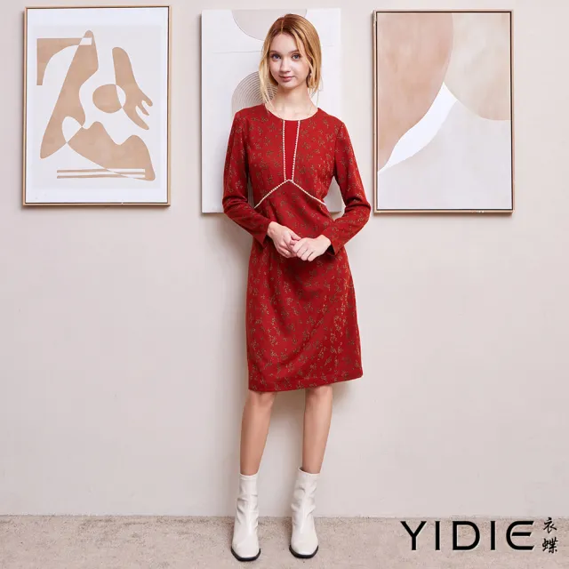 【YIDIE】金蔥花朵圖案長洋裝-桔紅
