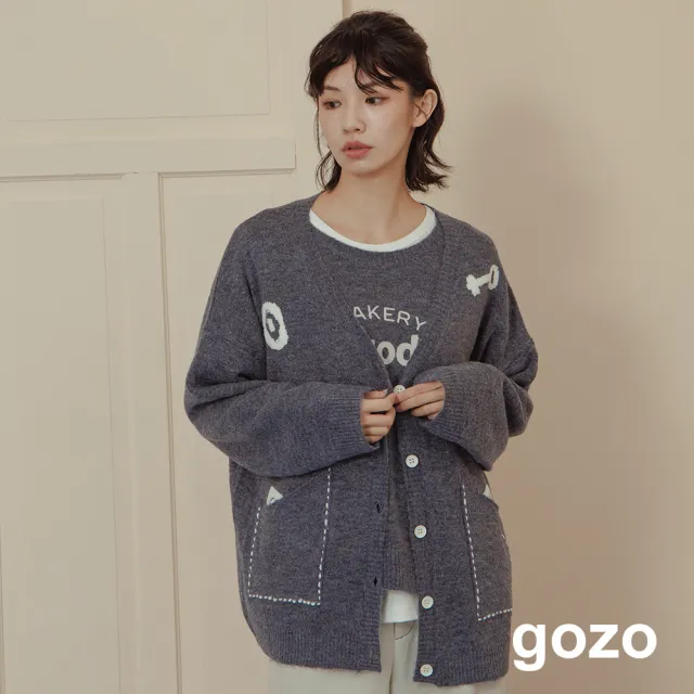 【gozo】抗起球撞色繡花長版開襟毛衣外套(兩色)
