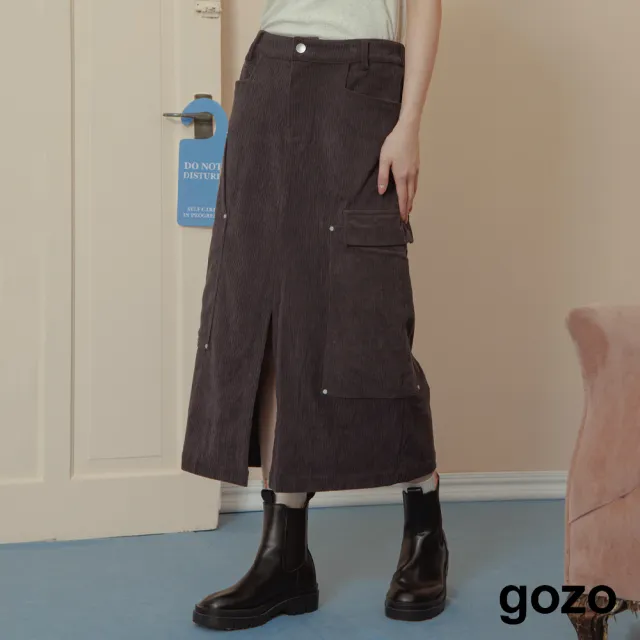 【gozo】燈芯絨拼接造型口袋開衩長裙(兩色)