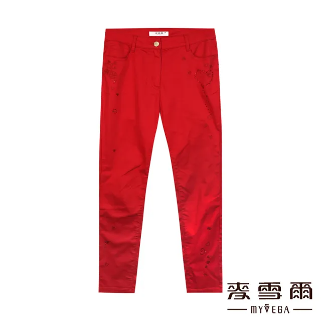 【MYVEGA 麥雪爾】純棉幸運草刺繡愛心水鑽九分褲-紅