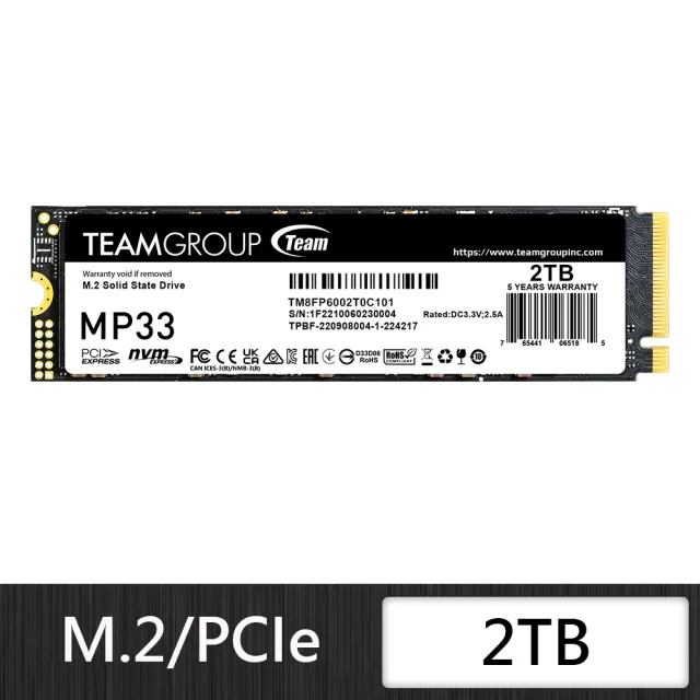 【Team 十銓】MP33 2TB M.2 2280 PCIe Gen3 SSD固態硬碟 最高讀取1800MB/s