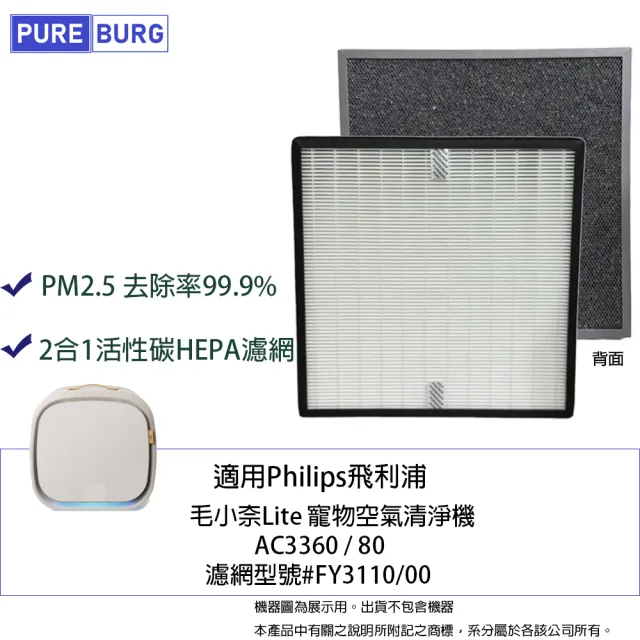 【PUREBURG】適用Philips飛利浦AC3360/80毛小奈Lite寵物空氣清淨機3合1除臭活性碳抗敏HEPA濾網濾芯FY3110