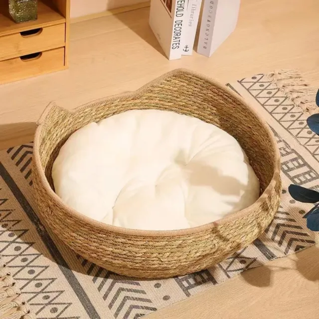 【艾嘉圖】草編寵物貓貓咪用品 寵物窩藤編可拆洗(手工貓窩四季通用貓抓板34*34*13CM)