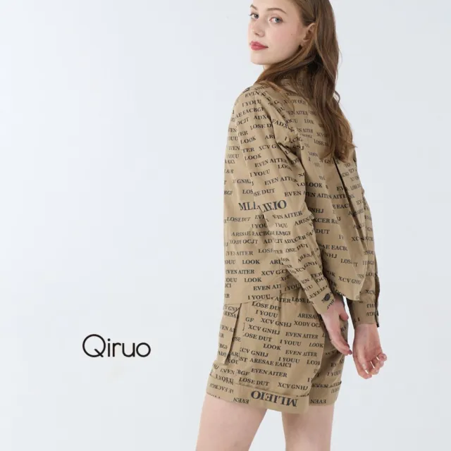 【Qiruo 奇若名品】棉質印英文字布料 鈕釦拉鍊卡色短休閒褲 6242C 