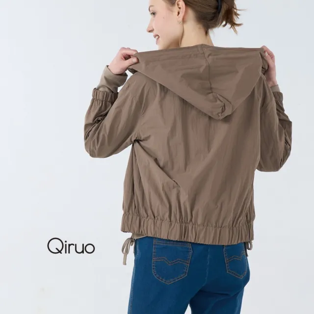 【Qiruo 奇若名品】防風布料 連帽短版 袖束口 咖啡薄長袖連帽外套6243E 