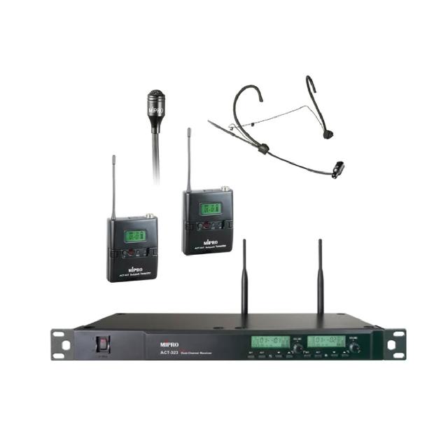【MIPRO】ACT-323PLUS 配1頭戴+1領夾麥克風(雙頻道自動選訊無線麥克風)