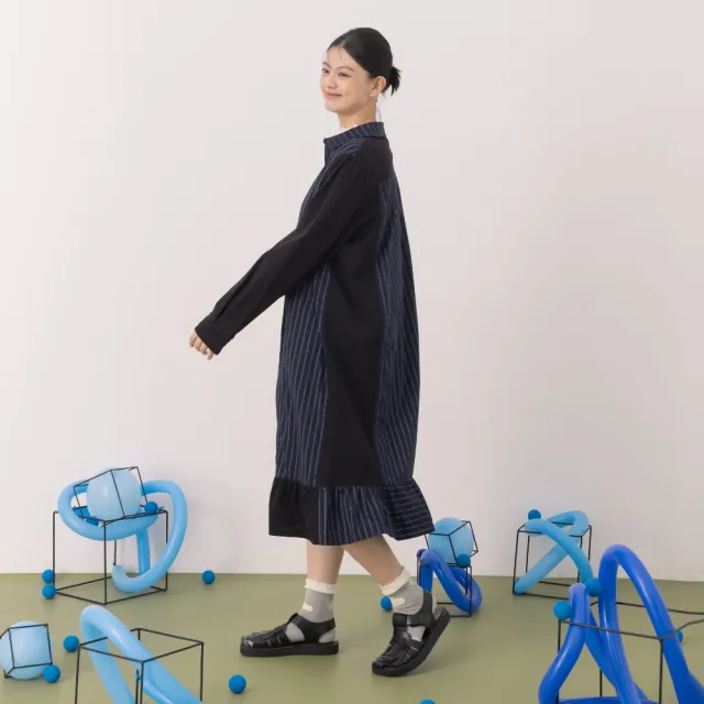 【MOSS CLUB】異材質條紋拼接襯衫領開襟洋裝(藍 咖)