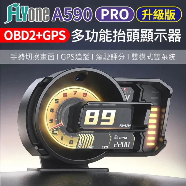 【FLYone】A590 PRO 升級版 OBD2+GPS 雙系統多功能 手勢切換 HUD 汽車抬頭顯示器