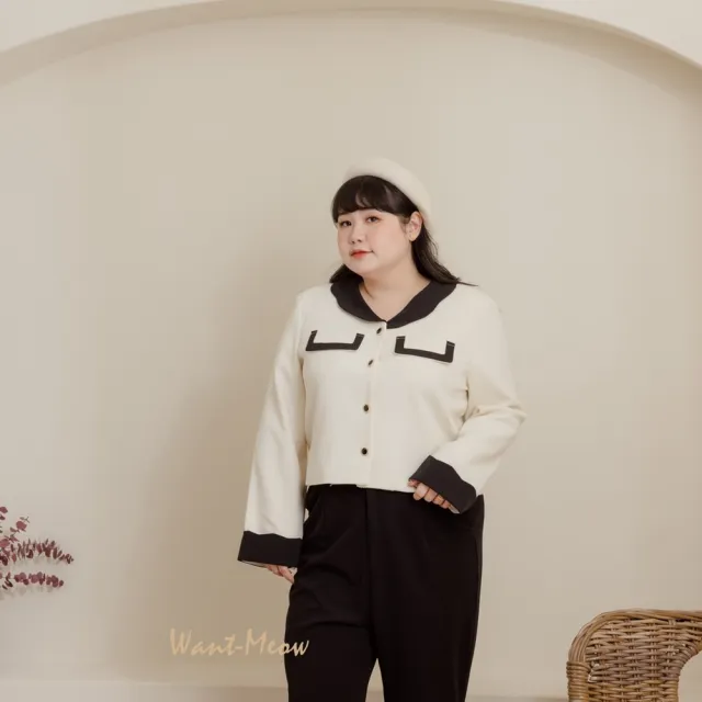 【Want-Meow】90公斤可質感韓系黑白撞色領外套小香風外套(大碼上衣/大碼/大尺碼/外套)