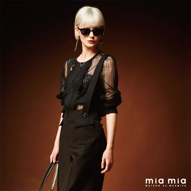【mia mia】亮片網紗壓褶圓領上衣