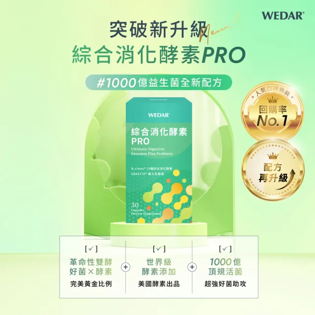 【Wedar 薇達】綜合消化酵素PRO 1盒(30顆/盒.美國大廠N.zimes19種消化酵素.頂級益生菌)