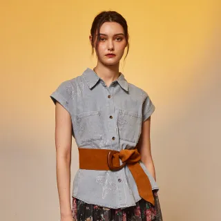 【MON’S】花朵燙鑽無袖牛仔襯衫(100%棉)