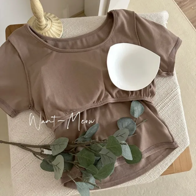 【Want-Meow】90公斤可/免穿內衣!短袖bra圓領素色braT恤(大尺碼/加大碼/bra T恤/bra T-Shirt)