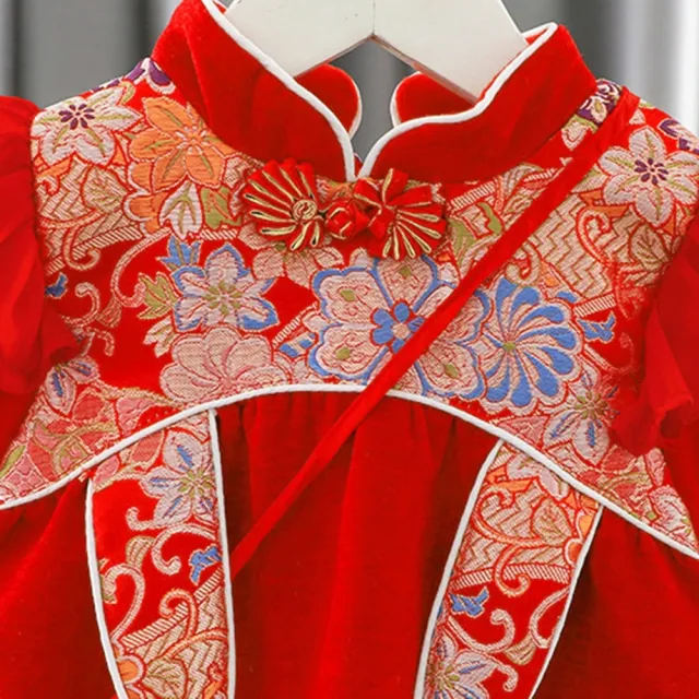 【橘魔法】日式彩花刺繡刷絨旗袍洋裝 附包包(長版上衣 連身裙 旗袍裝 拜年 過年 新年 大紅 女童 兒童 童裝)