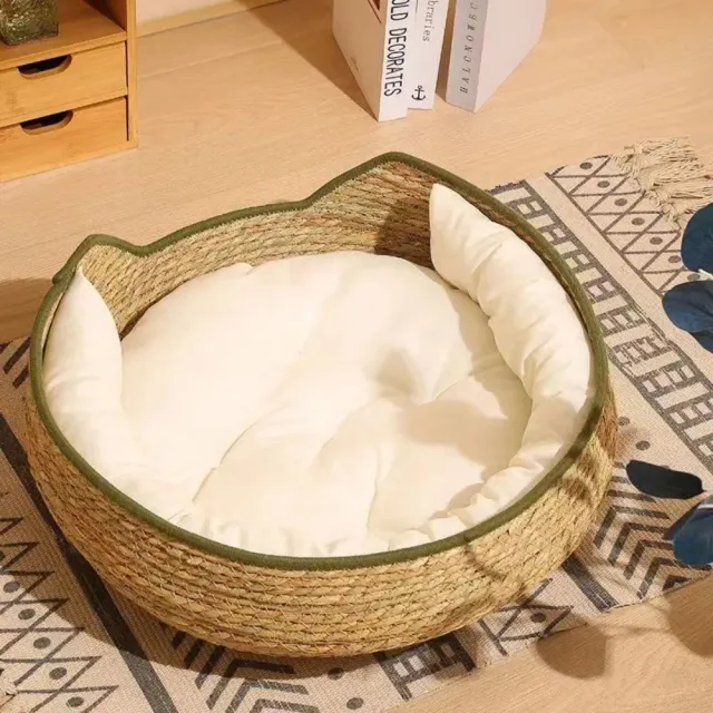 【艾嘉圖】手工貓窩四季通用貓抓板 寵物窩藤編可拆洗(草編寵物貓貓咪用品48*48*15CM)