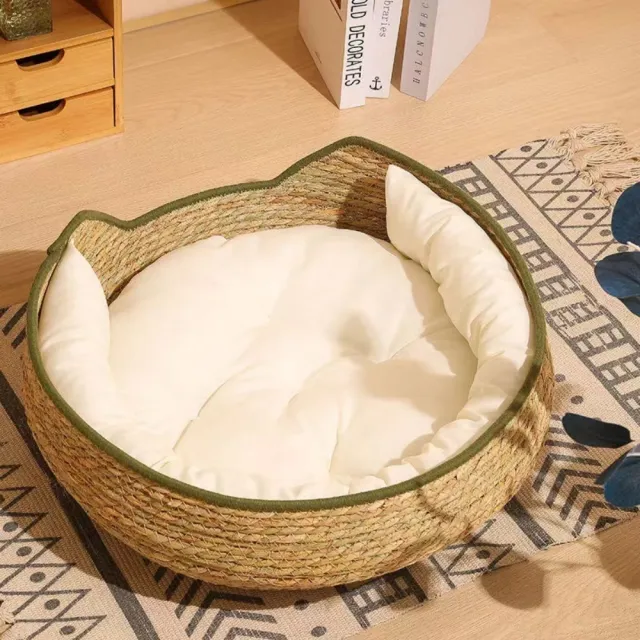 【艾嘉圖】手工貓窩四季通用貓抓板 寵物窩藤編可拆洗(草編寵物貓貓咪用品48*48*15CM)