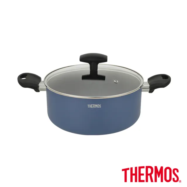 【THERMOS膳魔師】獨家2入_迷霧星空不沾鍋雙耳附蓋湯鍋24cm+含蓋炒鍋28cm(TJP-W24-BL+TJP-28W-BL)