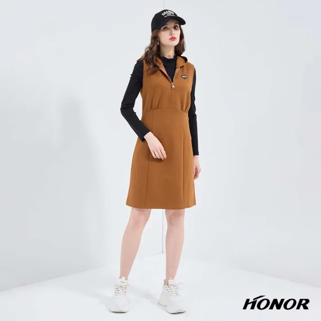 【HONOR 山形屋】出清品 愛心半拉鍊剪裁連帽無袖洋裝-卡其(限定出清)