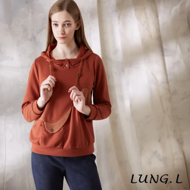 【LUNG.L 林佳樺】LU07A 焦糖橘異素材拼接長袖連帽女裝上(秋冬新品)