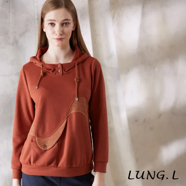 【LUNG.L 林佳樺】LU07A 焦糖橘異素材拼接長袖連帽女裝上(秋冬新品)