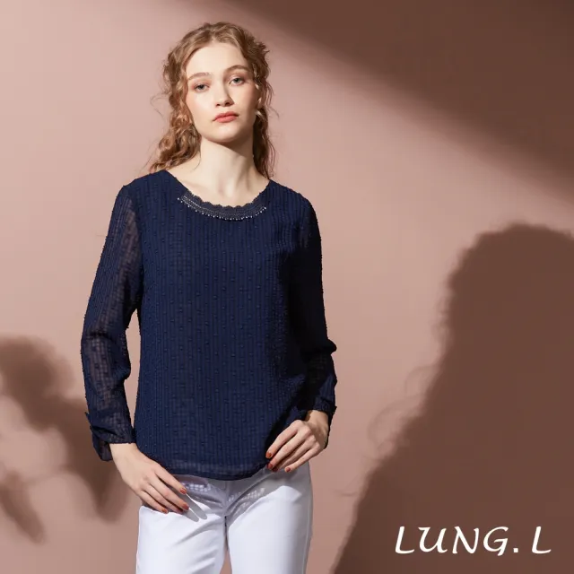 【LUNG.L 林佳樺】LT01A 藍色提花泡泡布A-line七分袖女裝上衣(秋冬新品 加大尺碼)