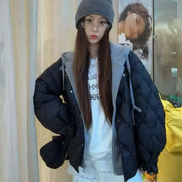 【巴黎精品】頂級真羽絨外套90%鴨絨羽絨衣秋冬外套上衣大碼休閒女裝(假兩件衛衣菱格羽5色n1lr76)