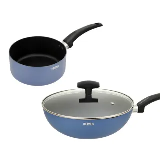 【THERMOS膳魔師】獨家2入_迷霧星空不沾鍋單柄湯鍋18cm+含蓋炒鍋28cm(TJP-S18-BL+TJP-28W-BL)