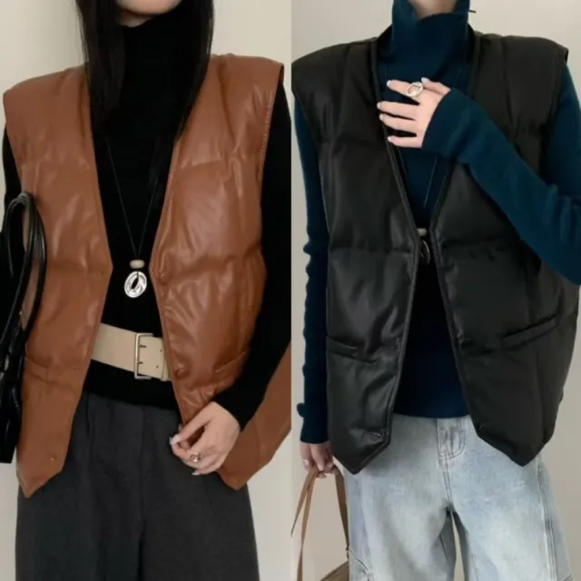 【巴黎精品】頂級真羽絨背心90%鴨絨羽絨衣秋冬外套上衣大碼休閒女裝(V領高級排扣PU皮4色n1lr65)