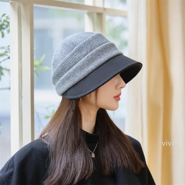 【HaNA 梨花】買一送一贈圍脖 秋冬氣質系小細格雙拼毛帽報童帽(報童帽 秋冬百搭)