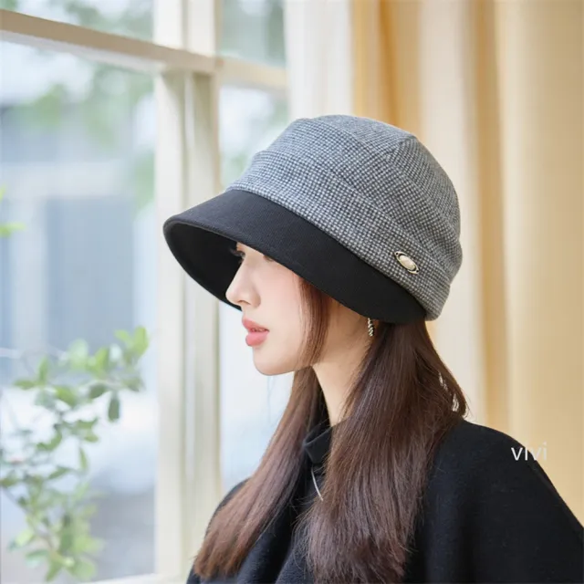 【HaNA 梨花】買一送一贈圍脖 秋冬氣質系小細格雙拼毛帽報童帽(報童帽 秋冬百搭)
