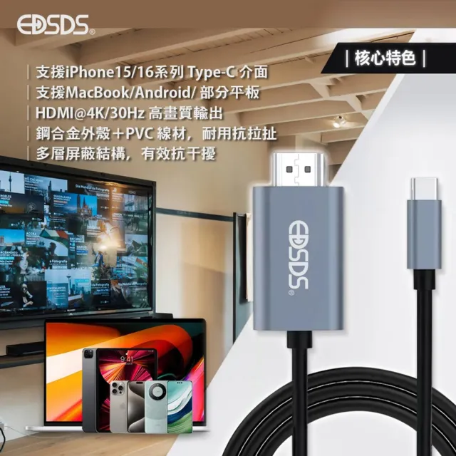 【EDSDS】Type-C to HDMI 影音傳輸線 2M(USB-C)