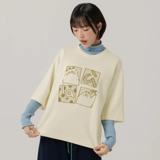 【a la sha】四格漫畫繡花落肩T恤