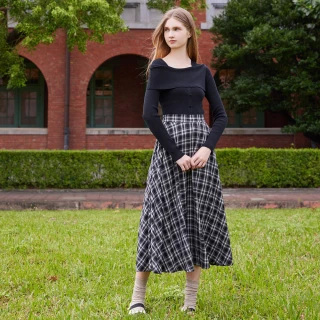 【H2O】氣質格紋波浪裙(#5632101 格子裙、長裙；黑色)