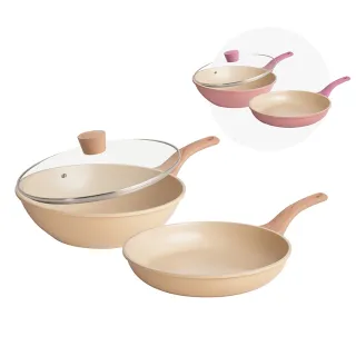 【Queen Chef】CREAM 韓國厚釜鑄造米陶瓷不沾鍋雙鍋3件組(28CM 炒鍋+平底鍋+蓋 交換禮物)