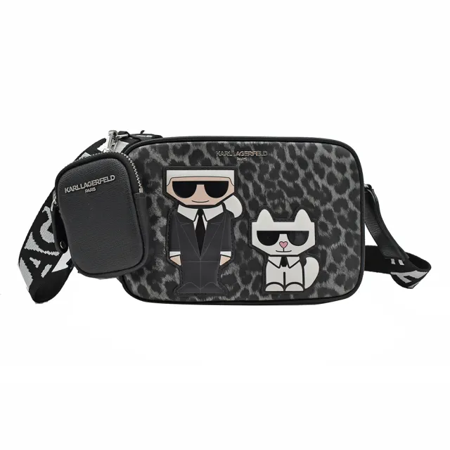 【KARL LAGERFELD 卡爾】卡爾老佛爺豹紋雙層相機包斜背包(附零錢包)
