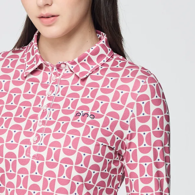 【PING】女款普普風銀離子薄長袖POLO衫-玫瑰紅(吸濕排汗/抗菌防臭/GOLF/高爾夫球衫/RA25202-17)