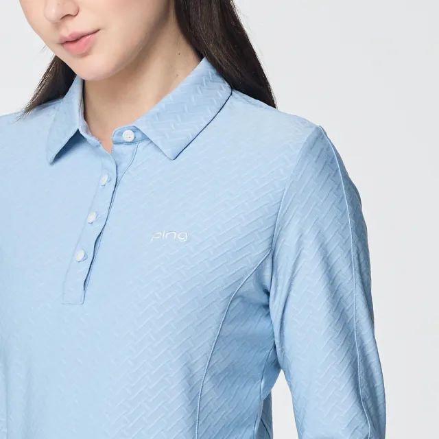 【PING】女款人字紋吸濕排汗長袖POLO衫-藍(GOLF/高爾夫球衫/RA25206-53)