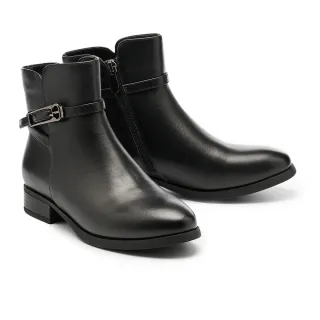 【MELROSE】美樂斯 時尚品味金屬長釦繫帶牛皮低跟短靴(黑)