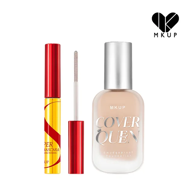 【MKUP 美咖】絕對遮瑕持久粉底液SPF34+Super纖長電眼睫毛膏(親膚不易脫妝 瑕疵不露餡)